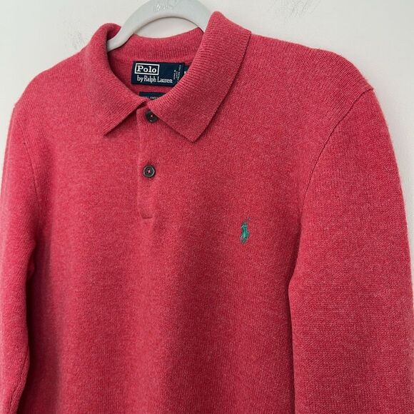 Vintage POLO RALPH LAUREN Pony Lambswool Collared Sweater 90s Raspberry Red M - Picture 4 of 9